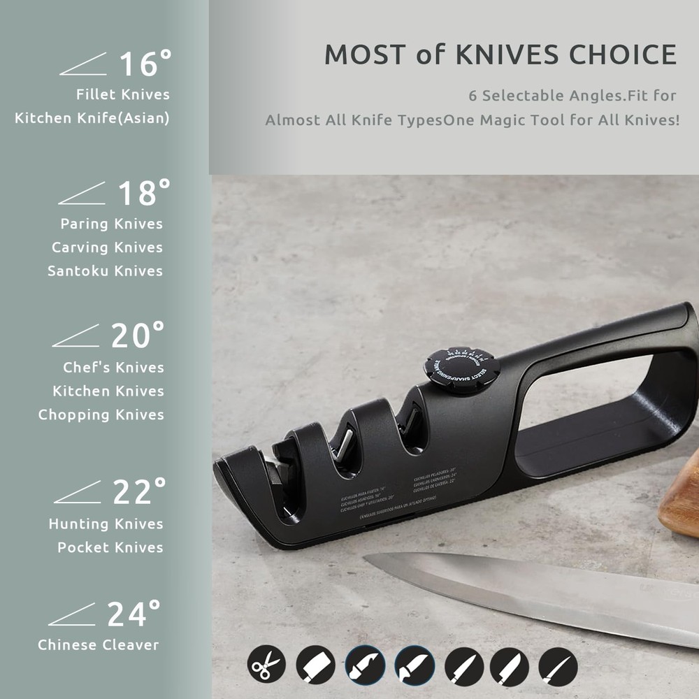 Knife and Scissor Sharpener, with 6 Adjustable Angle, Coarse Standard, Black