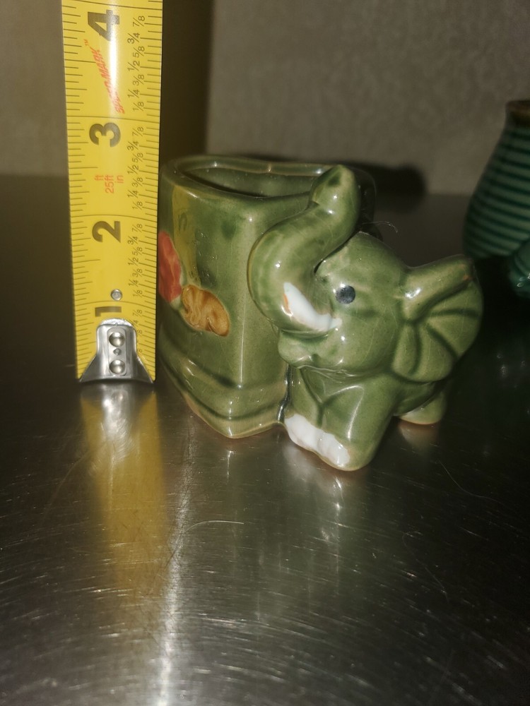 THREE Vintage Green Elephant Decorative Floral Tabletop Pottery Planters