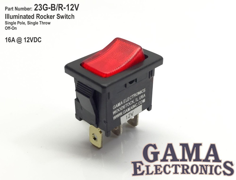 Mini 16 Amp Single Pole Off-On Illuminated Rocker Switch 12 VDC - 23G-B/R-12V