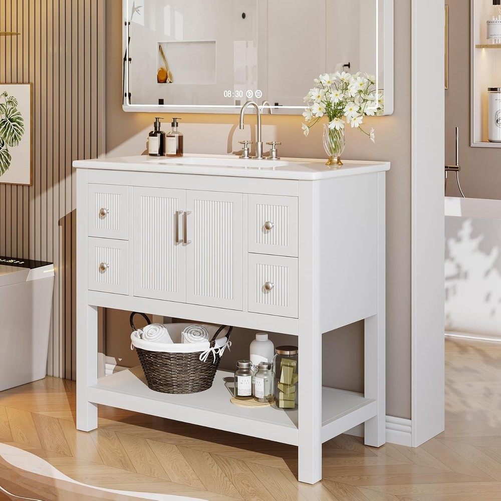 36" Modern Bathroom Vanity with Sink, Solid Wooden Freestanding Vanity Cabinet