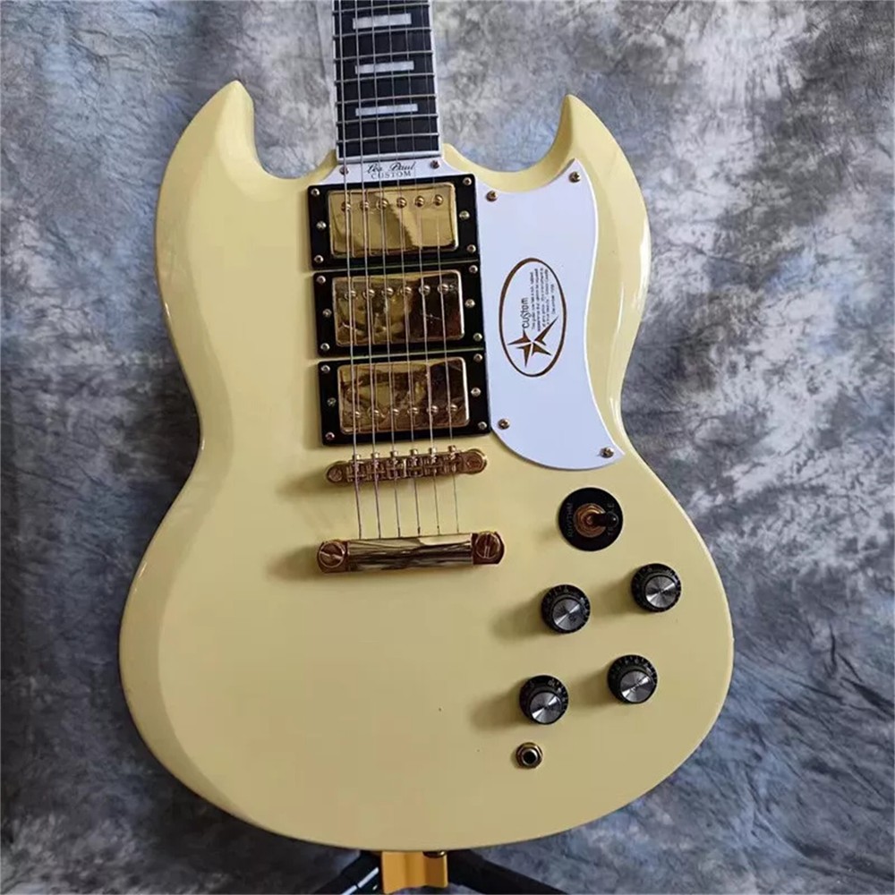 Custom Cream 6 String SG Electric Guitar H-H-H Pickups Solid Body Gold Hardware