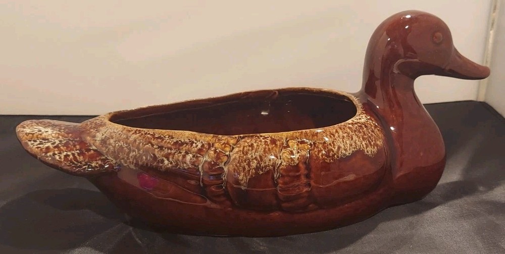 Vintage Hull Ceramic Brown Drip Glazed Duck Planter