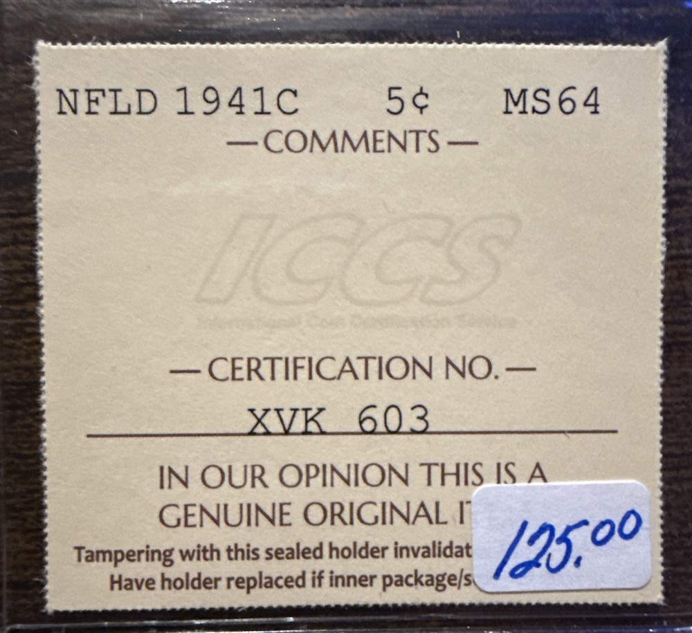 1941C Newfoundland Five Cents 5C - ICCS MS64 C6
