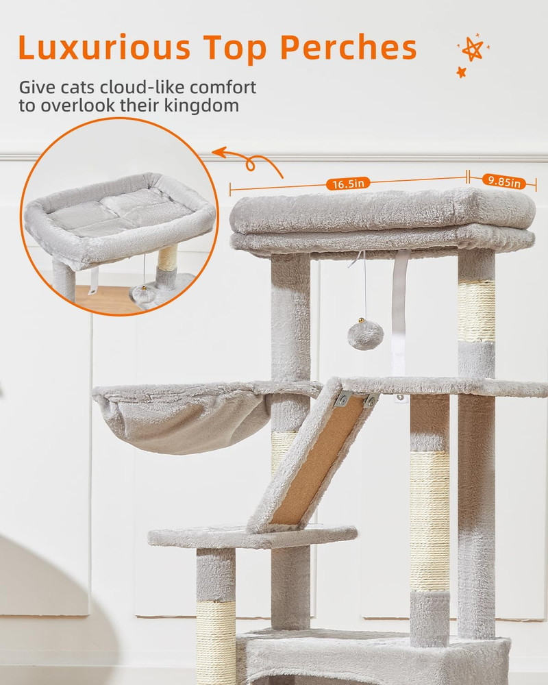 Luxurious 38.2-Inch Cat Tree Tower with Adjustable Baskets and Perch - Light Gra