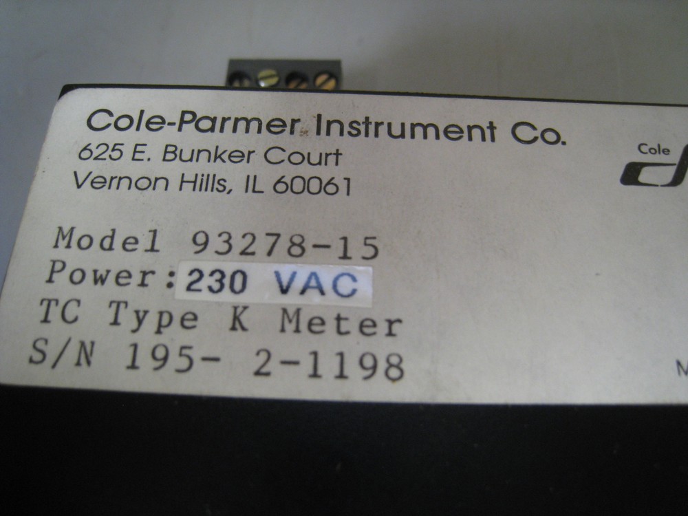 COLE-PARMER INSTRUMENT CO 93278-15 TC TYPE K PANEL METER