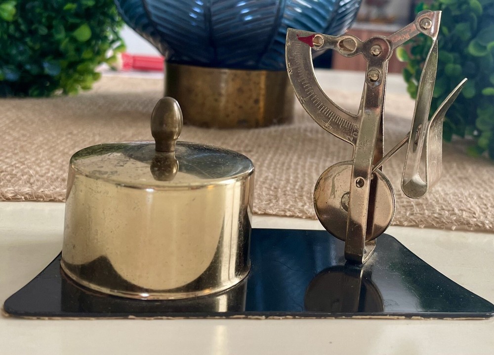 Vintage Brass Desktop Postal Letter Scale & Stamp Postage Roll Holder Dispenser