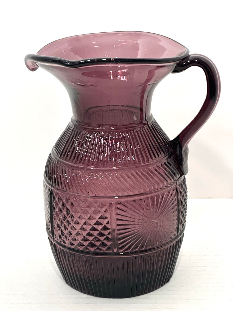 Vintage Amethyst Glass Pitcher With Embossed Design & Applied Handle 8"