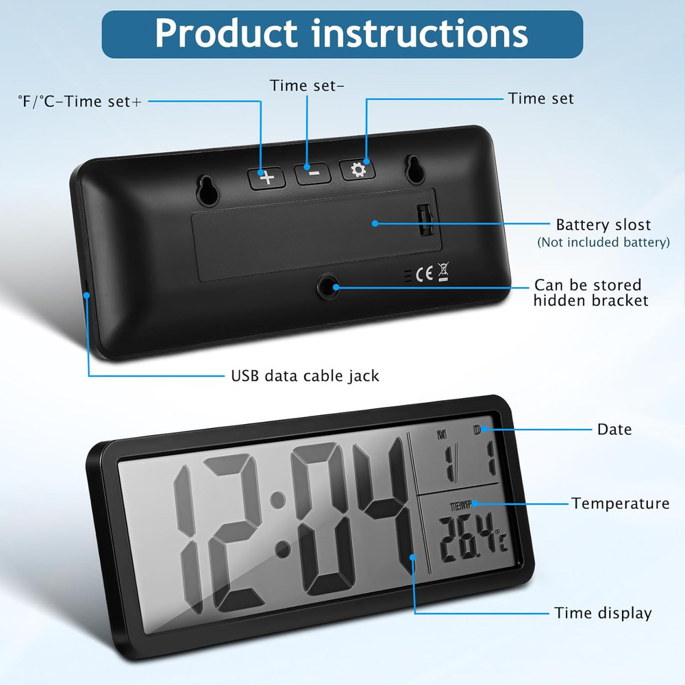 Digital Wall Clock: Wall-Mounted Led Display Clock with Date Temperature for Liv