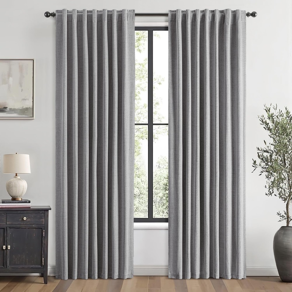 100% Blackout Linen Curtains Greyish White Solid Decor Thermal Insulation