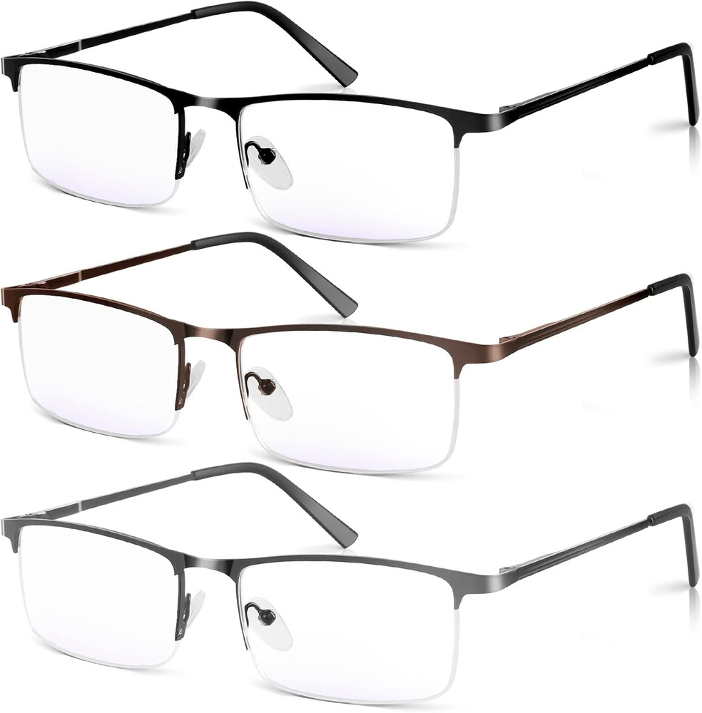 3 Pack Blue Light Blocking Reading Glasses for Men, Stylish Half Frame Metal Com