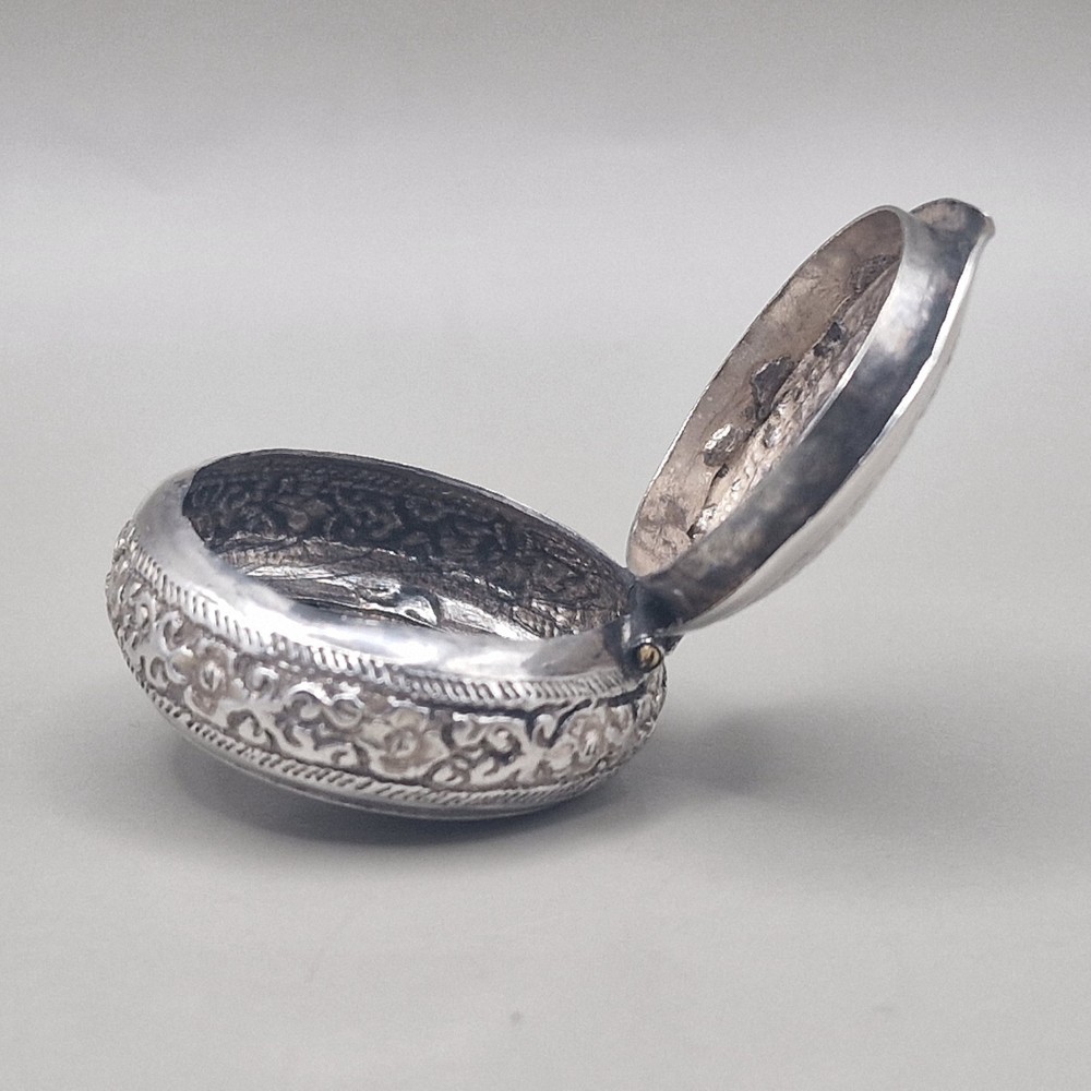 Antique Silver Hinged Pill Box with Repoussé Elephant Motif