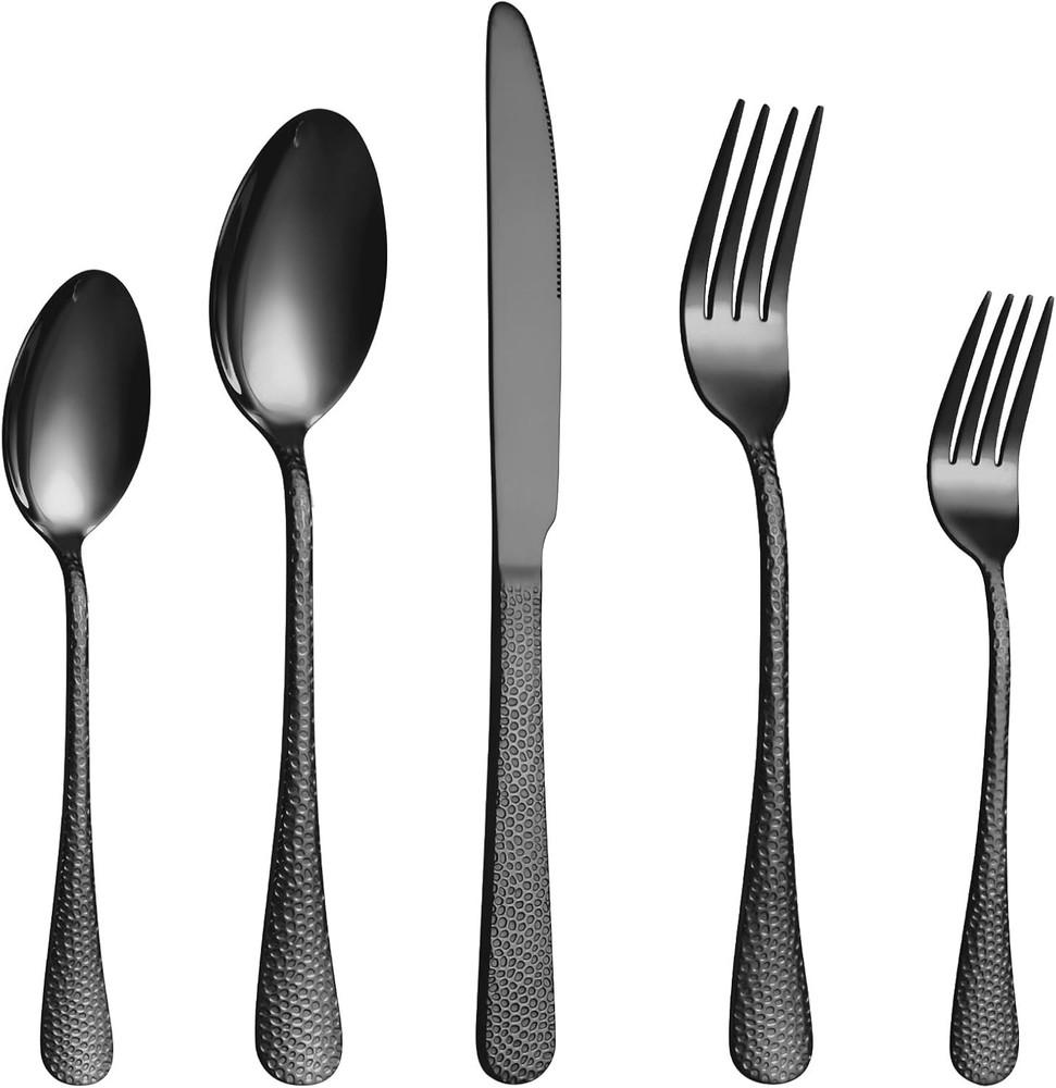 Black Hammered Silverware Set, 20-Piece Stainless Steel Square Flatware Set for
