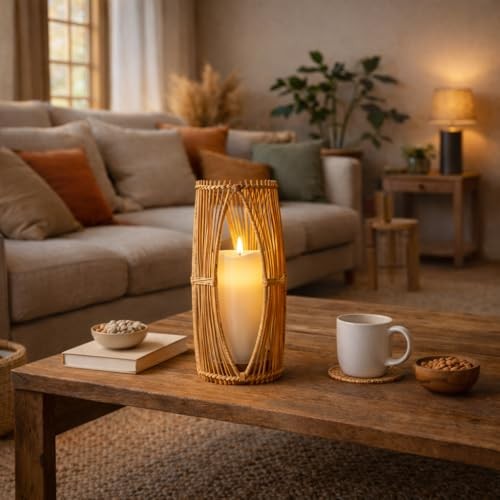 Handmade Boho Rattan Lantern – Decorative Woven Centerpiece for Coffee Table |