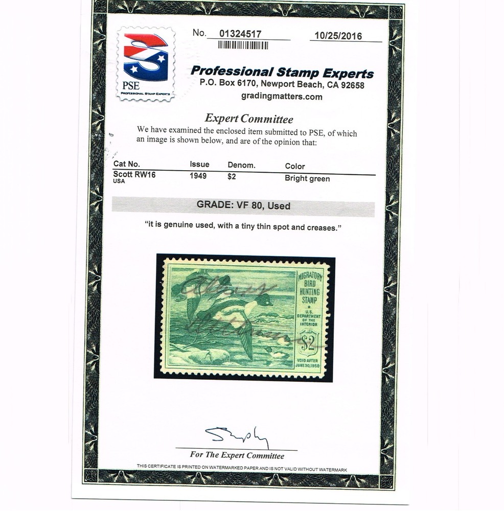 EXCELLENT GENUINE SCOTT #RW16 USED 1949 DUCK STAMP PSE CERT GRADED VF-80