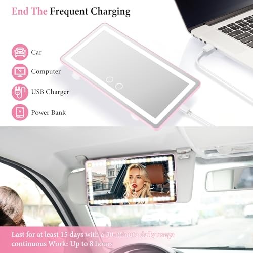 Car Sun Visor Vanity Mirror - Rechargeable Makeup Mirror - 60 1PCS Pink