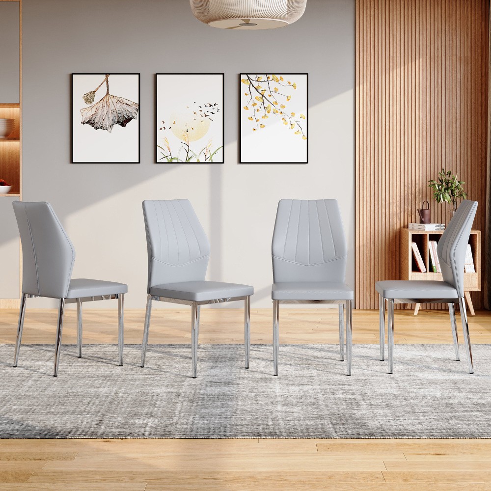 4 Light Gray Dining Chairs 37" H PU Ergonomic Seat Silver Metal Legs