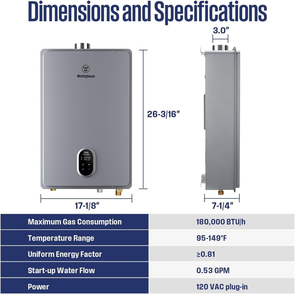 Westinghouse Natural Gas Tankless Water Heater 180,000 BTU Indoor Installation