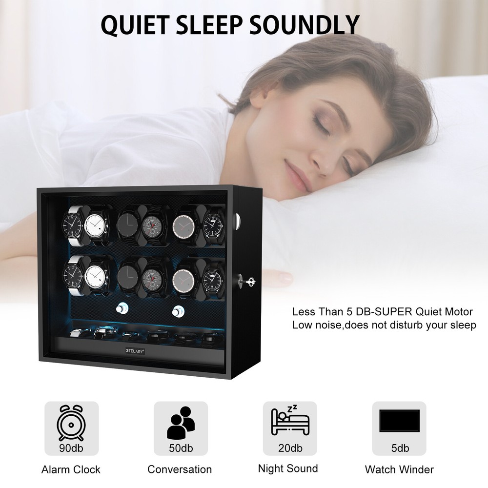 Automatic 12 Blue LED Watch Winder With 6 Extra Storage Box With Mabuchi Motors