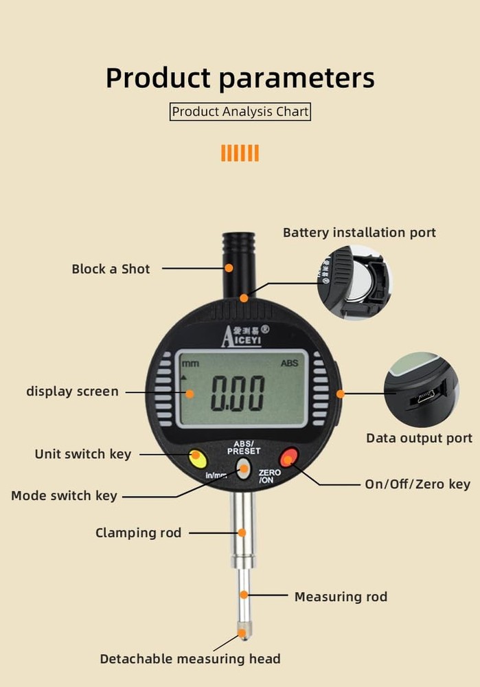 Digital Dial Indicator 0-2in/50.8mm, 0.01mm/ 0.0005" Tolerance Function Inch/...
