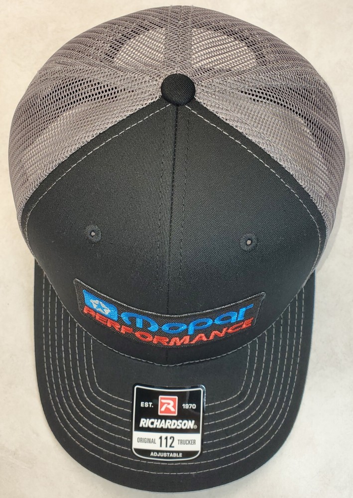 Mopar Performance Patch on Richardson 112 Trucker Hat Snapback Black/Charcoal