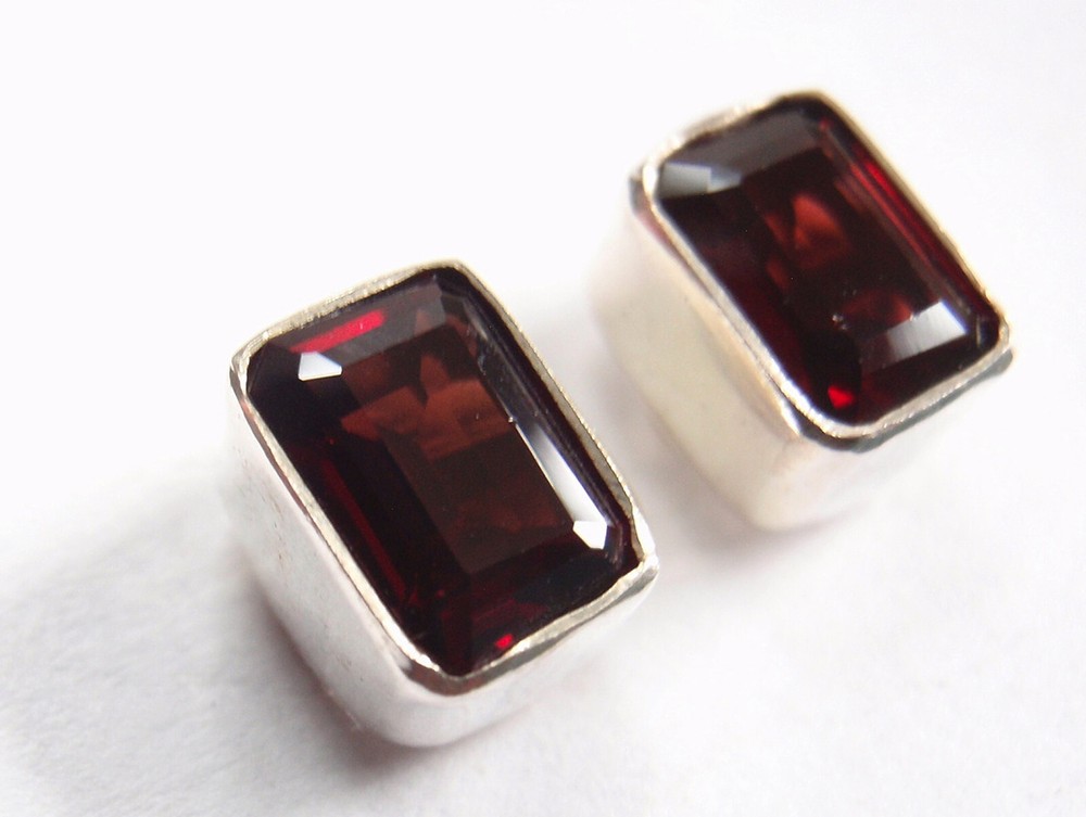 Faceted Garnet Rectangle Stud Earrings 925 Sterling Silver