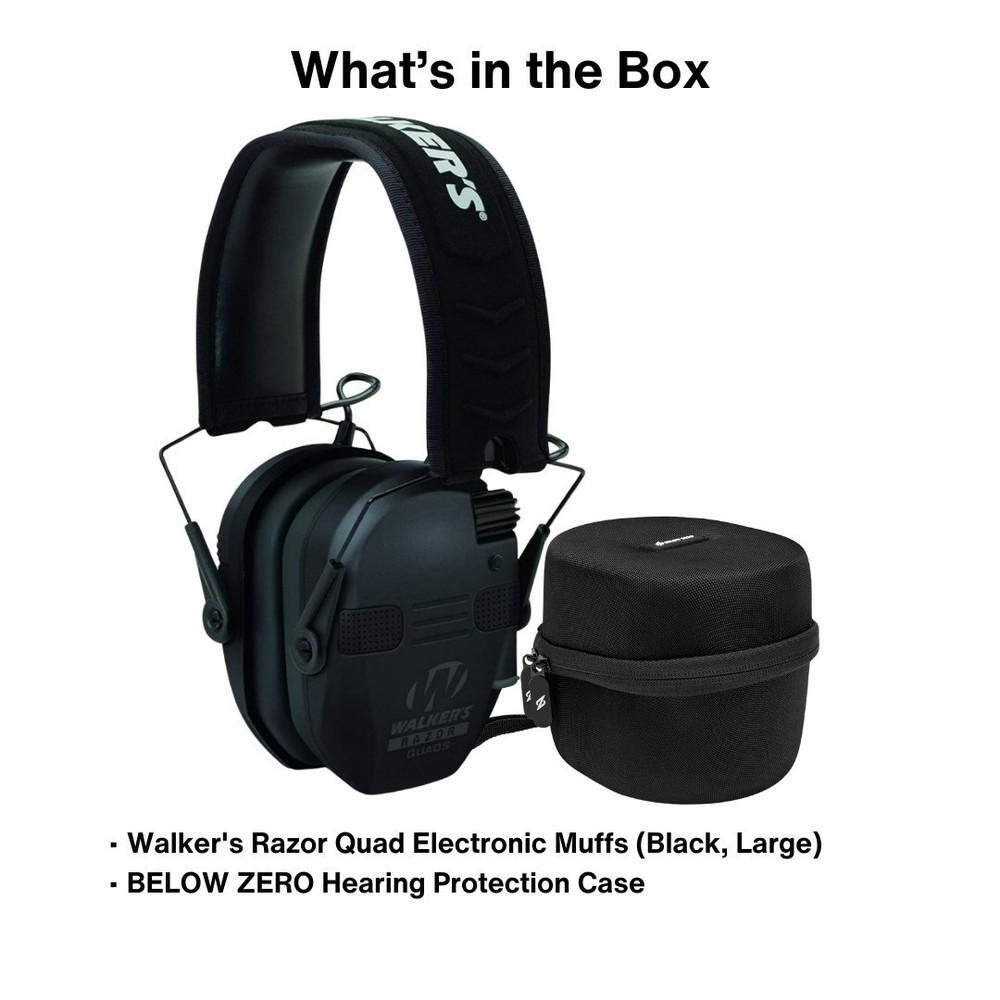 Walker's Razor Quad Electronic Black Large Muffs with Protection Case Bundle