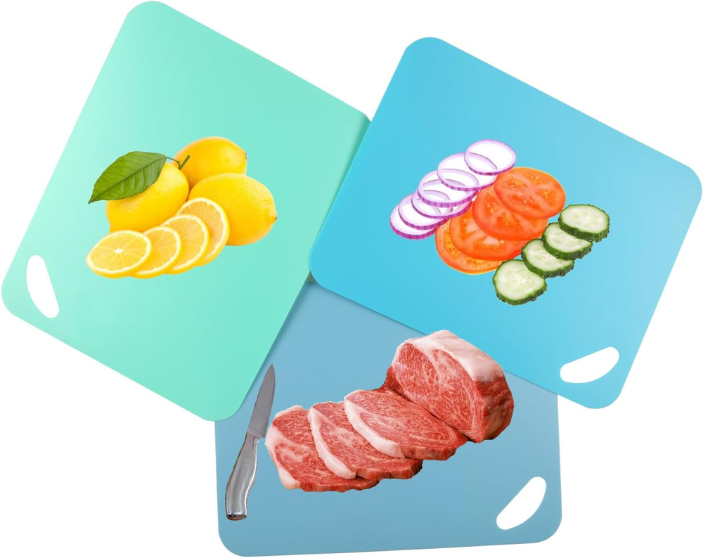 Plastic Flexible Cutting Mats for Kitchen, 3Pcs Color Coded Chopping Board Set,
