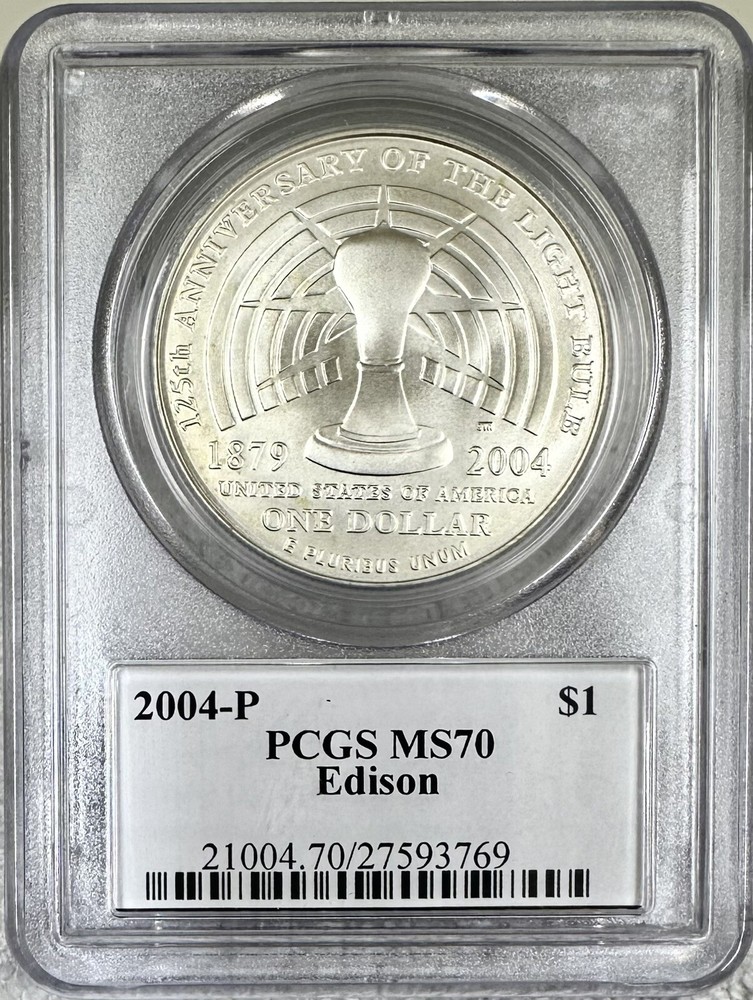 2004 P THOMAS EDISON COMMEMORATIVE SILVER DOLLAR PCGS MS70 MERCANTI SIGNED