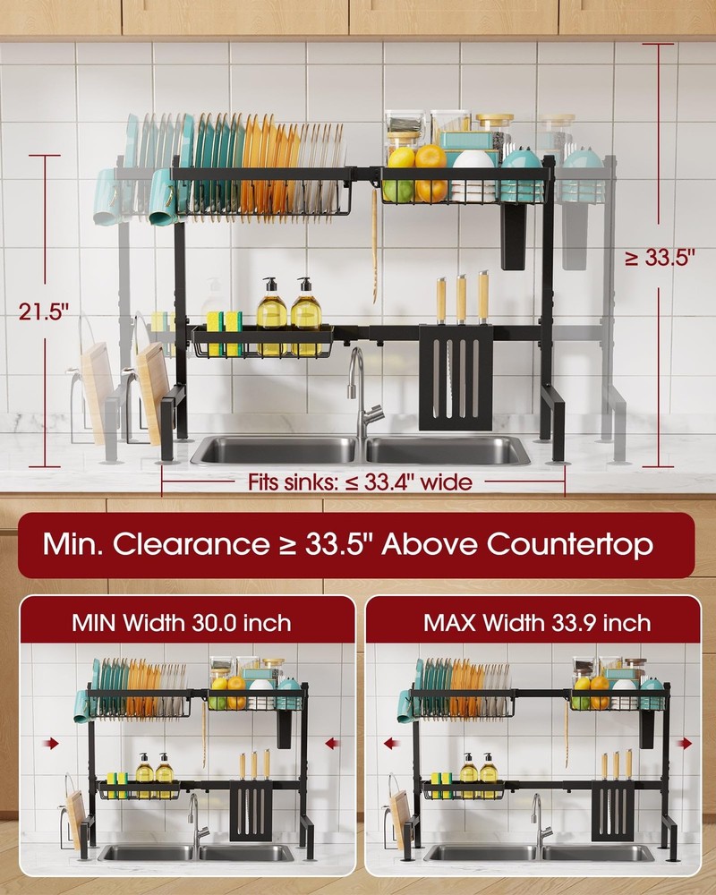 Over The Sink Dish Drying Rack - Adjustable 2 Tier Large Capacity Stainless S...