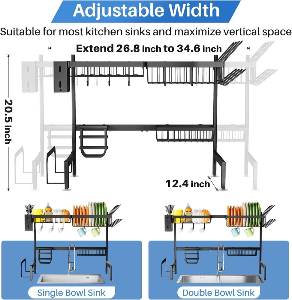 Over The Sink Dish Drying Rack Adjustable Dish Rack Kitchen Counter Metal Black