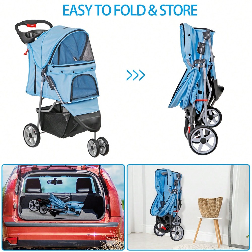 Foldable Pet Stroller For Dogs And Cats, 3/4 WheelDesign With Storage Basket