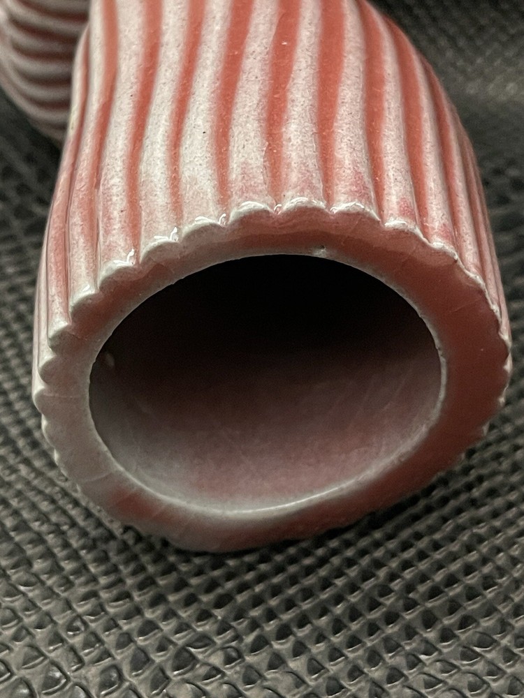 VTG Modernist Free Form Ruby Candy Stripe Glazed Ceramic Vase Signed 6" Tall