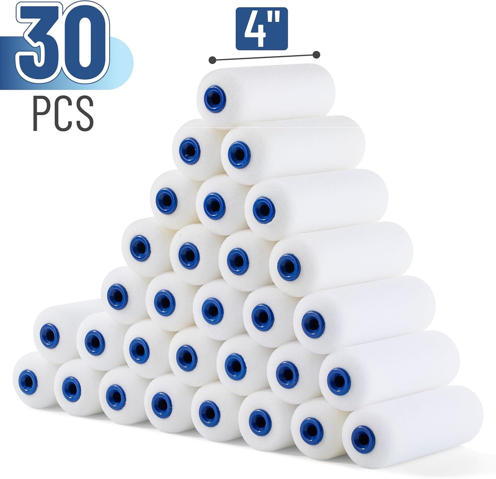 Bates Foam Paint Roller Covers 4" - 30 Pack, High Density Quality Rollers