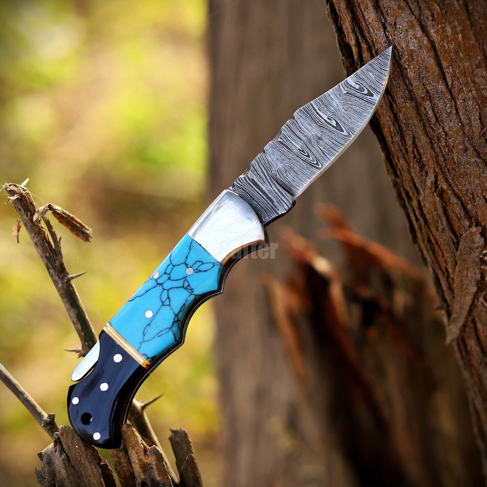 Handmade Damascus Folding Knife, Turquoise Stone Handle Leather Sheath Sharpner.