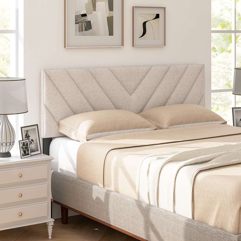 Linen Fabric Upholstered Headboard Rectangular Headboard w/ Solid Wood Legs