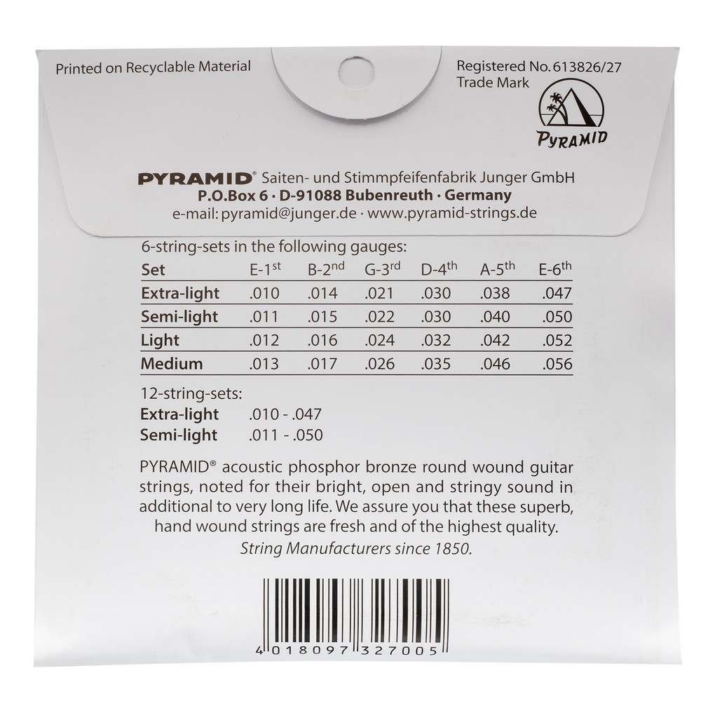 Pyramid 327100 Light Phosphor Bronze Roundwound Hex Core Acoustic Guitar String