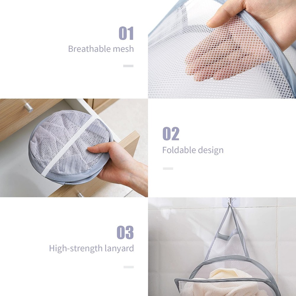 Pop-up Hanging Laundry Hamper Small Mesh Basket 2 Pack Foldable Gray White