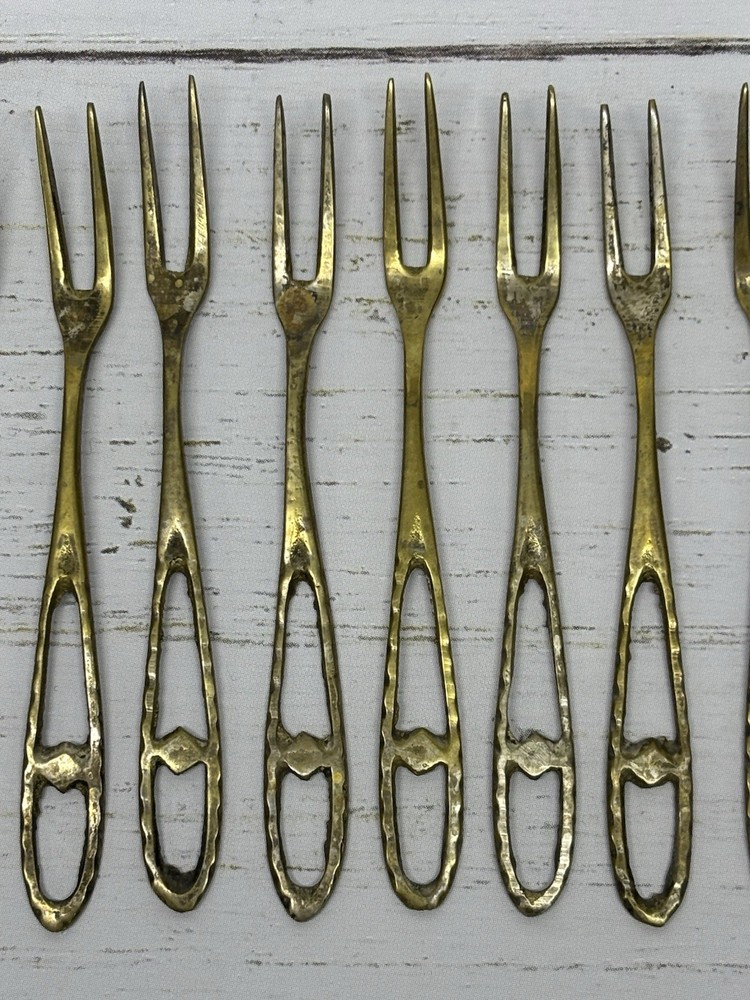 Solid Brass Olive Cocktail Fork Set With Semi Precious Stones