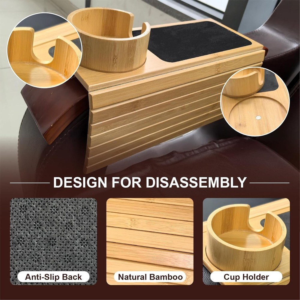 MAGIC BAMBOO Couch Cup Holder Tray, Bamboo Sofa Armrest Tray with Detachable Cup