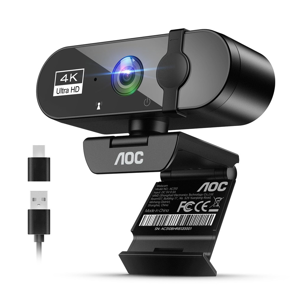 AOC 4k Webcam for PC with Microphone, Computer Camera Noise Black