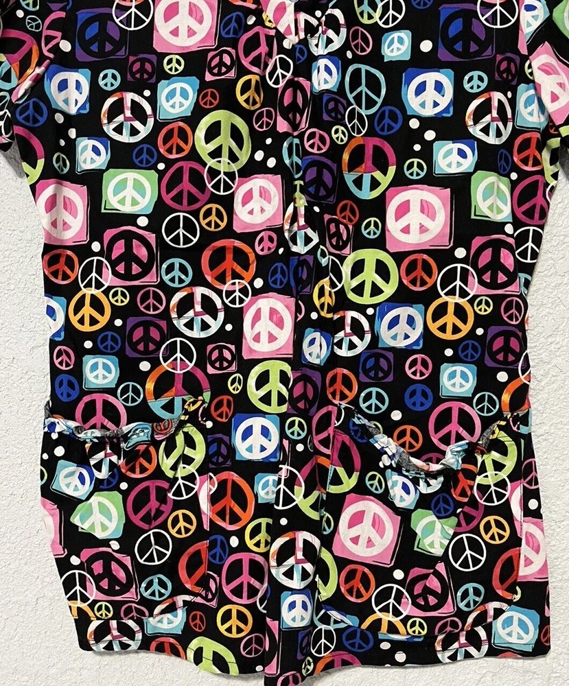 White Cross Small Scrub Top Multicolored Peace Symbol Black Cotton Pullover