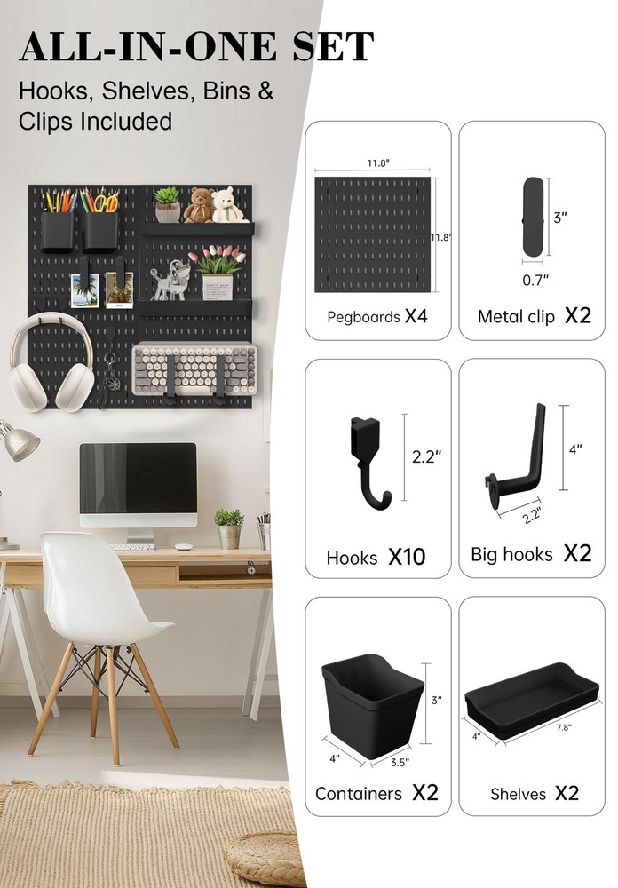 Pegboard Wall Organizer Set – 4 Peg Boards with Hooks & Shelves – Office, Kit...