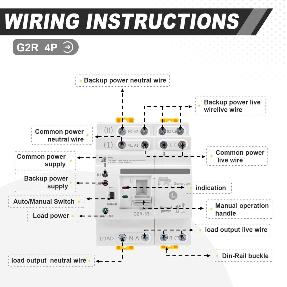 63Amp 110V AC Mini ATS Automatic/Manual Transfer Switch, 4Pole G2R Solar...