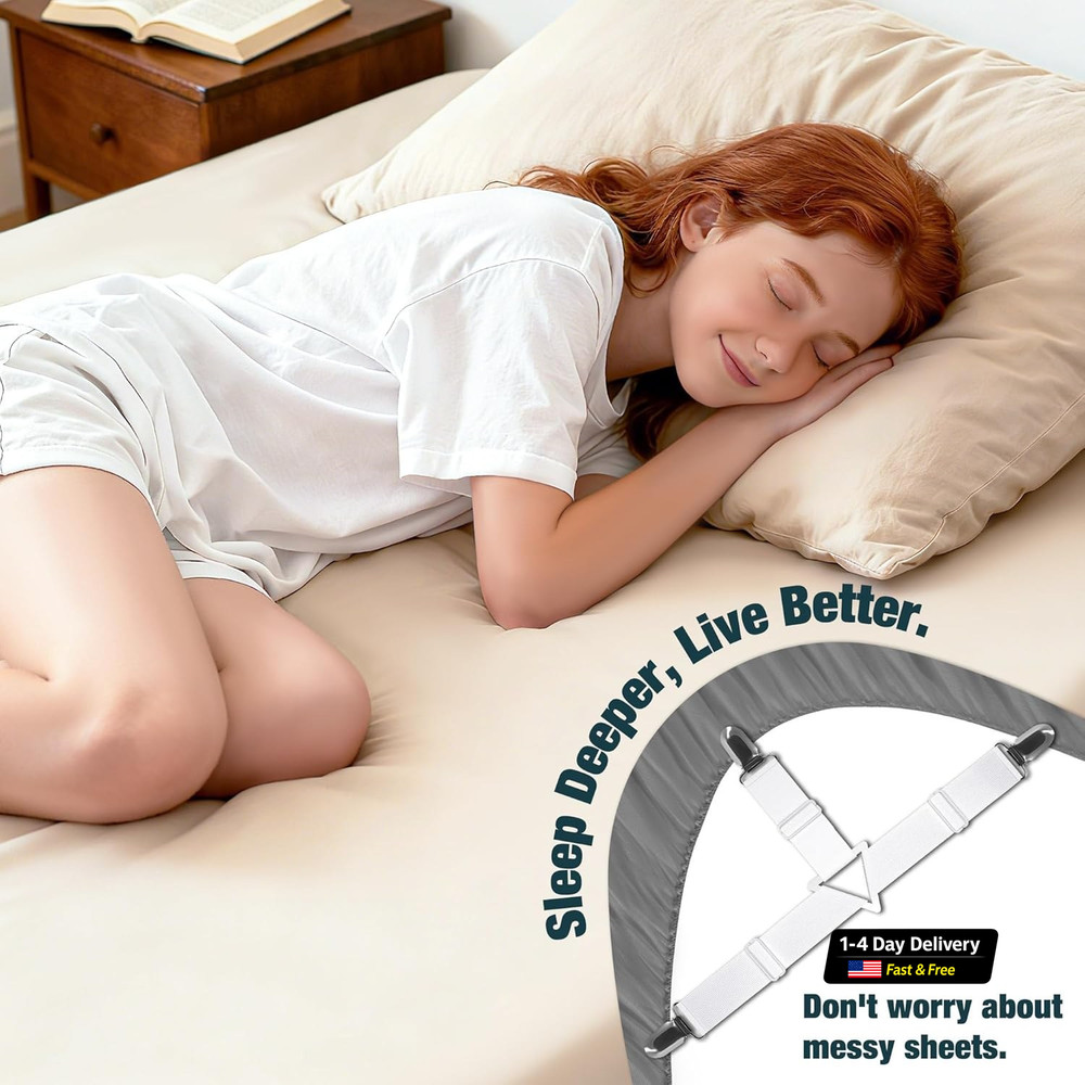 4 Pack Adjustable Elastic Straps with Metal Clips, Bed Sheet Fasteners in