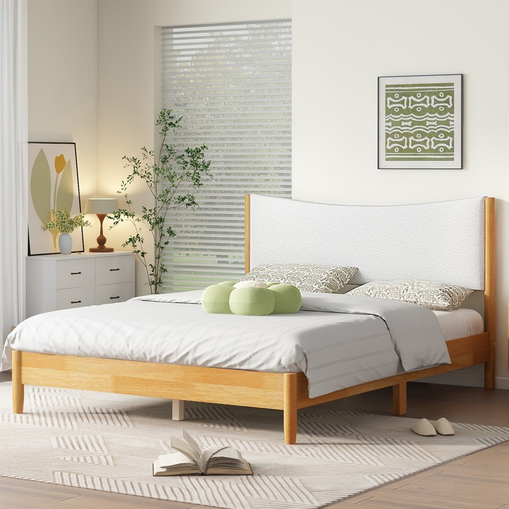 Queen Size Solid Wood Platform Bed Frame w/ Upholstered Headboard Natural
