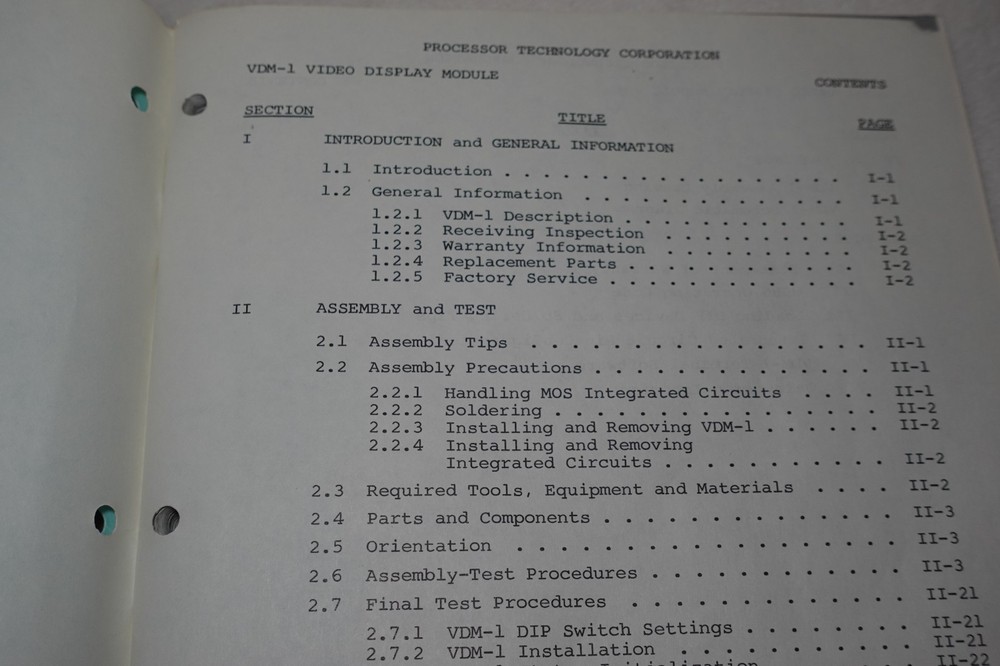 VDM-1 Video Display Module Assembly Test Instructions 1977 Processor Technology