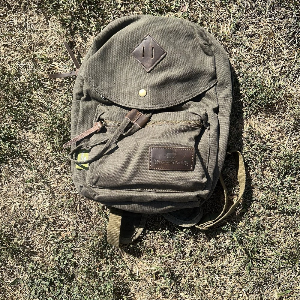 Natures Lodge Backpack, Olive Green Canvas W/Leather Pulls