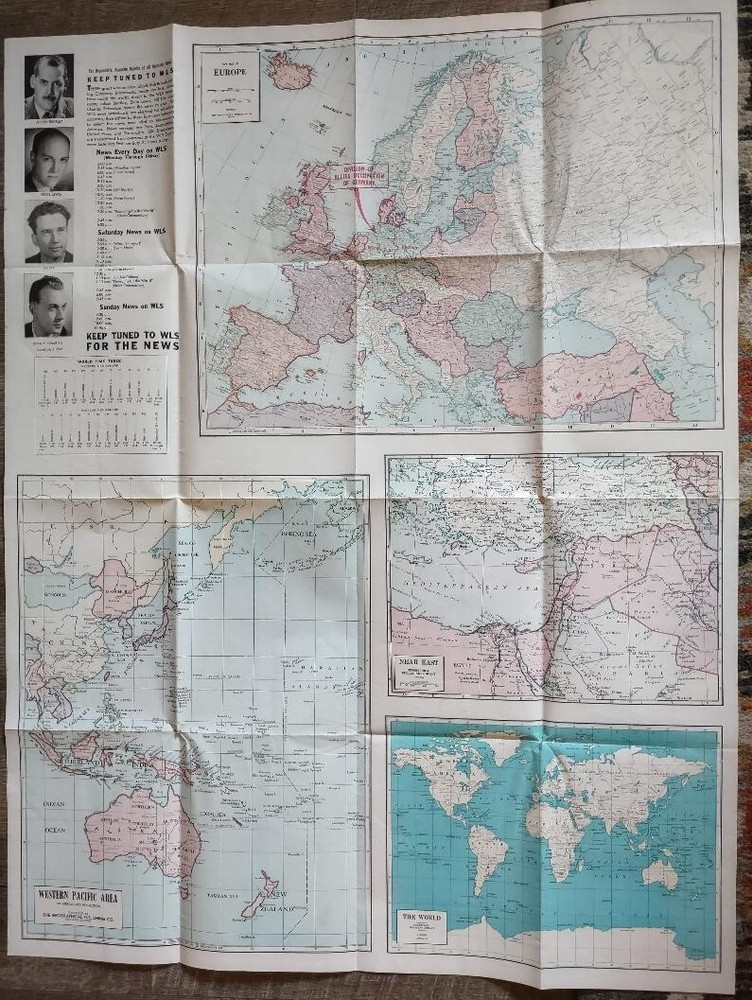 Vintage 1945 WLS  WWII PACIFIC WAR Two-Sided MAP w/Original Envelope