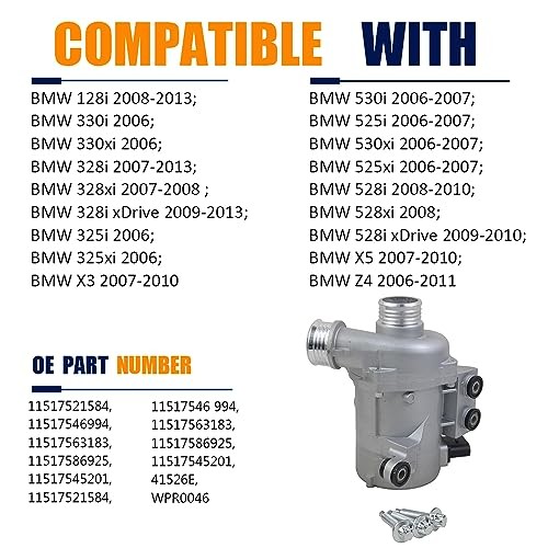 Electric Water Pump w/Bolts 11517521584 Compatible with B-M-W 3.0L N52 E60 E70