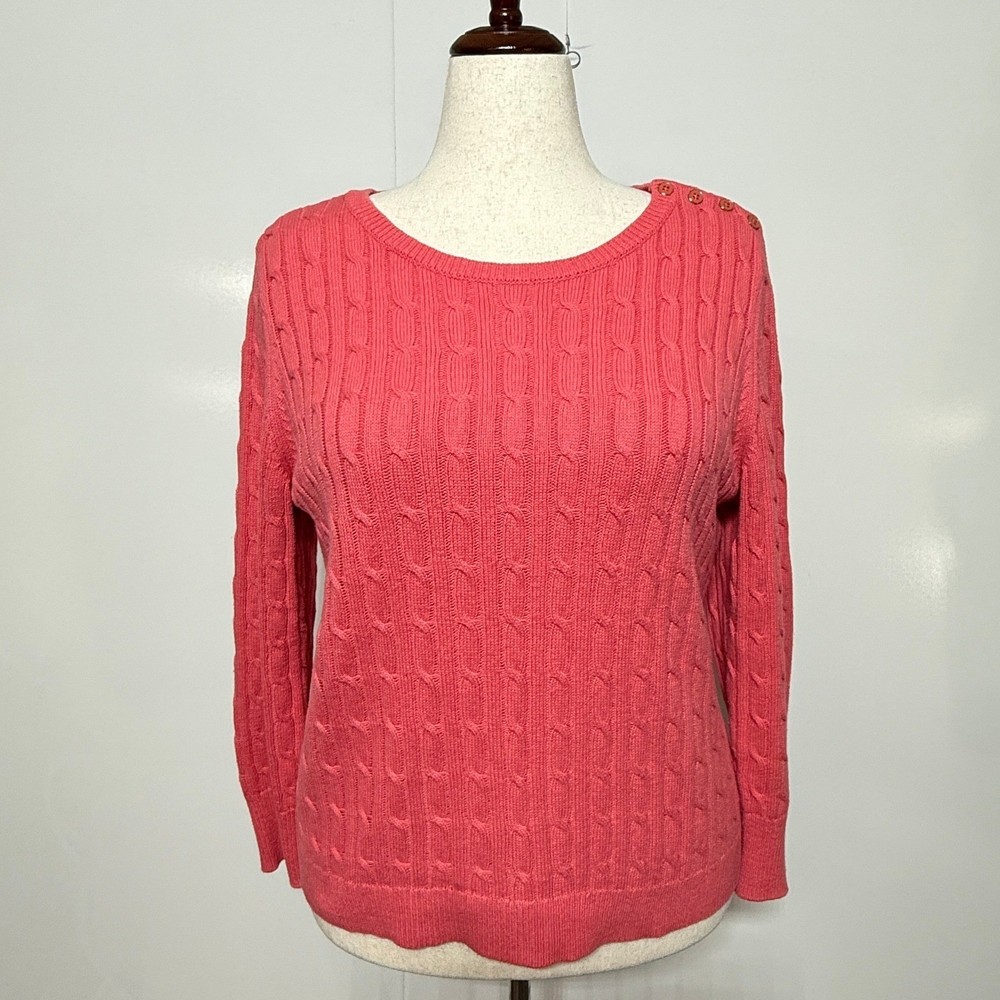 Talbots Sweater Womens XL Petite Pink Cable Knit Button Shoulder Pullover